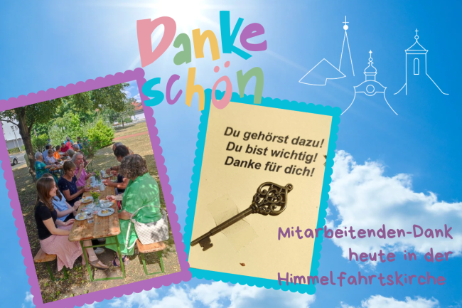 Links Mitarbeitende beim gemeinsamen Essen und rechts Schlüssel auf Karte